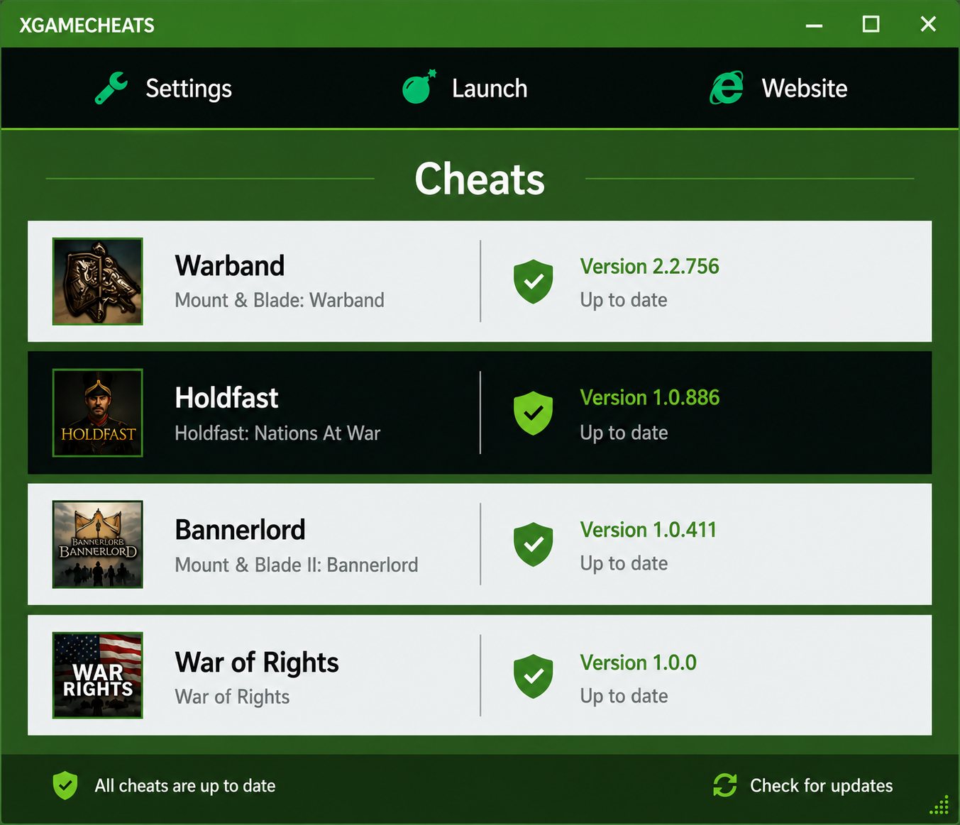 The XGame client listing Warband, Holdfast, Bannerlord and War of Rights, all up to date